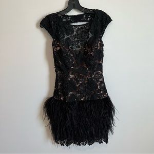 Jovani black lace feather skirt open back formal dress